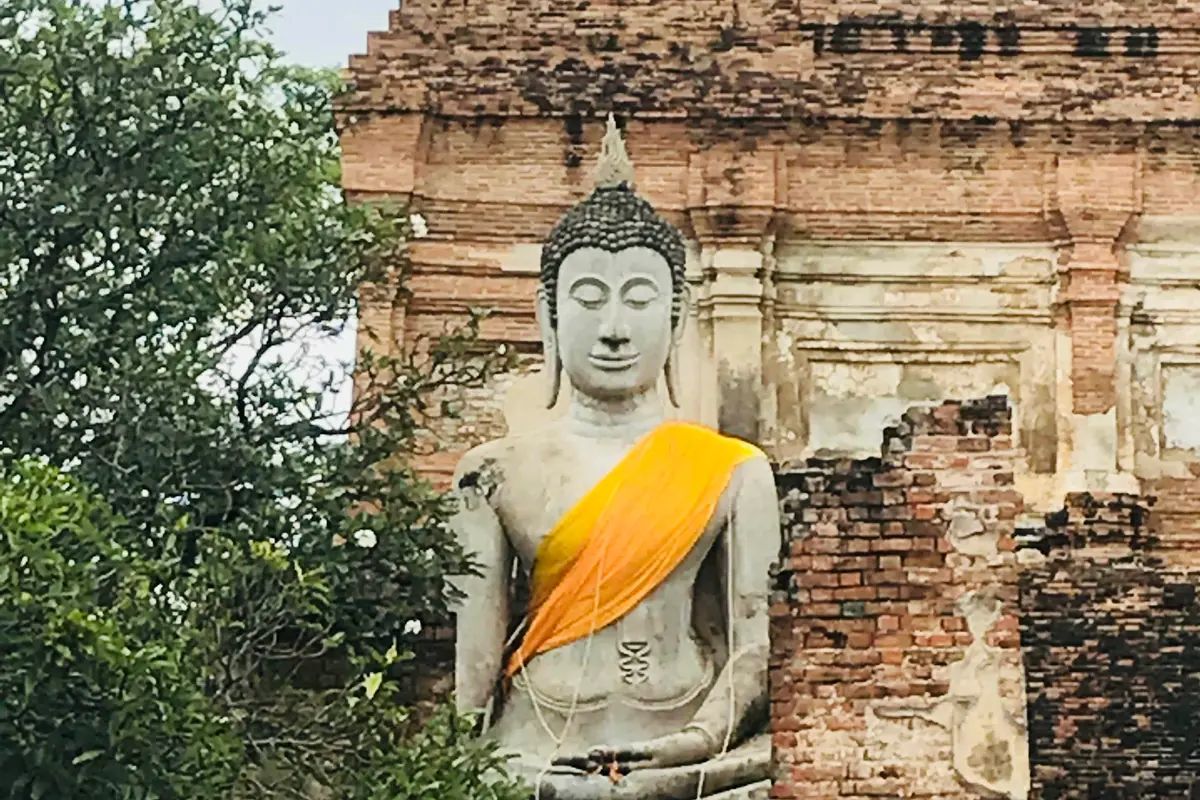 Bouddha dans un temple ancien d’Ayutthaya, entre briques rouges et végétation